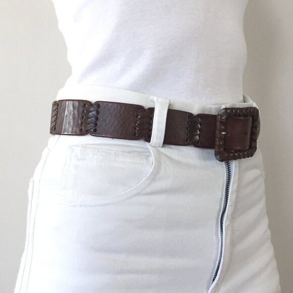 Vintage Handcrafted Leather Belt with Woven Buckle, Rustic Brown Real Leather - Picture 2 of 10